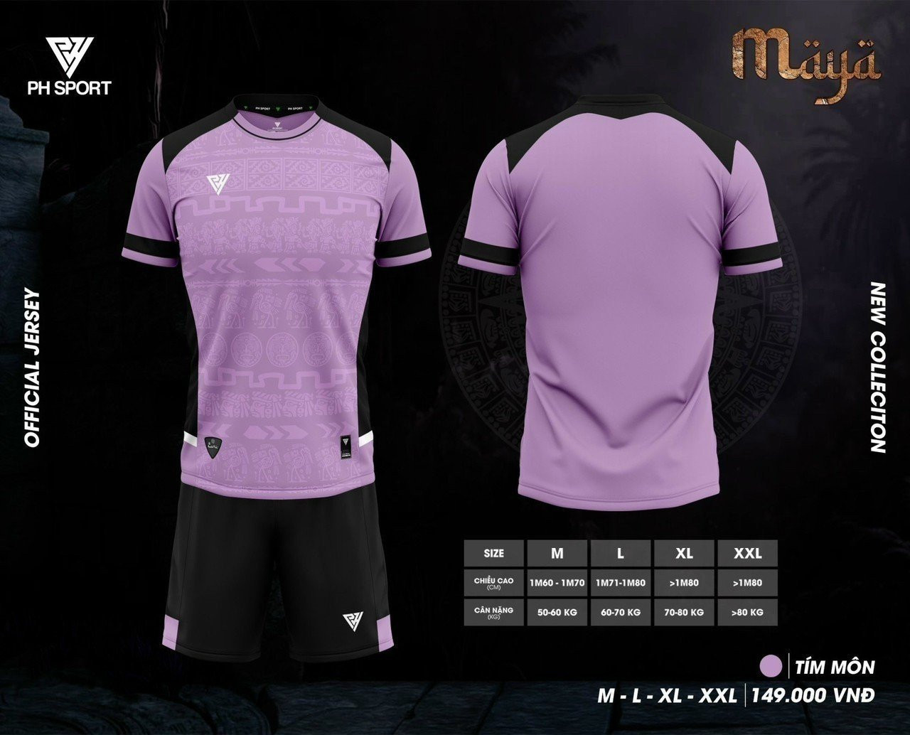 Bộ quần áo bóng đá PH Sport Maya màu tím quần đen - PHMY-550