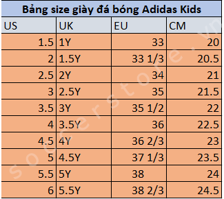 Bang size giay da bong Adidas kid