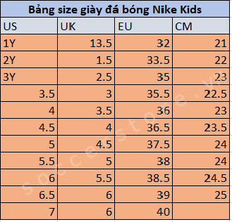 Bang size giay da bong Nike kids