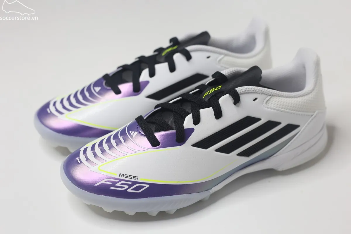Giày bóng đá trẻ em Adidas F50 League TF J Messi Kids màu trắng đen IE9082