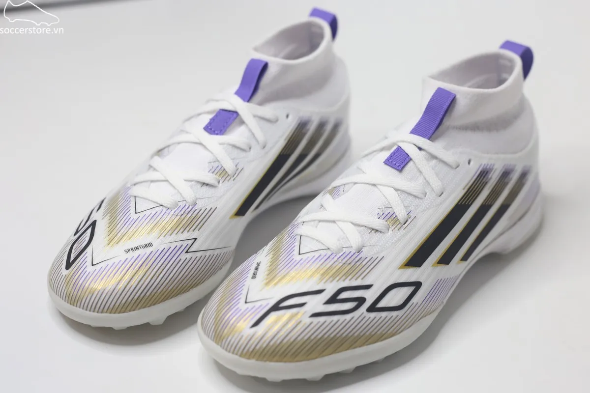 Adidas F50 League TF Jr Mid trắng đồng JI3550