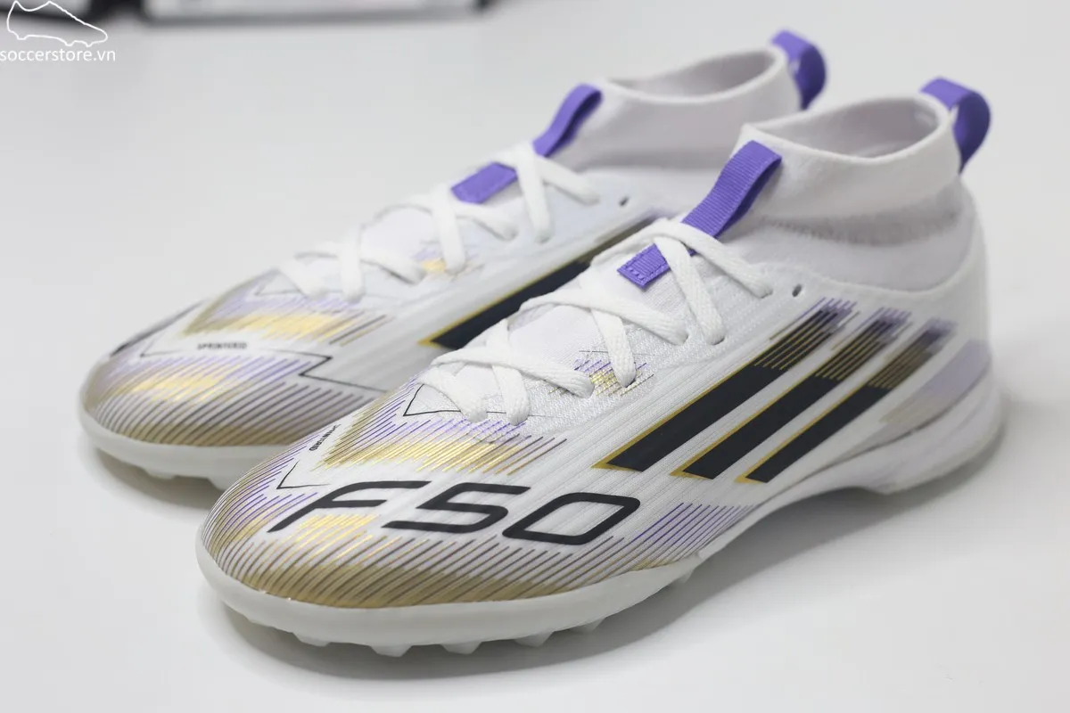 Adidas F50 League TF Jr Mid trắng đồng JI3550