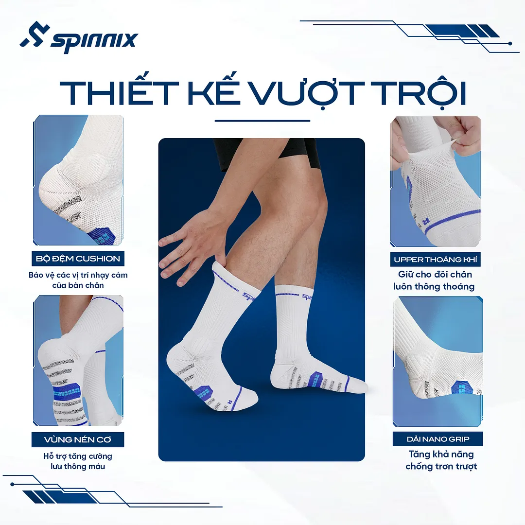 Tất thể thao chống trơn Spinnix ProX màu trắng xanh 