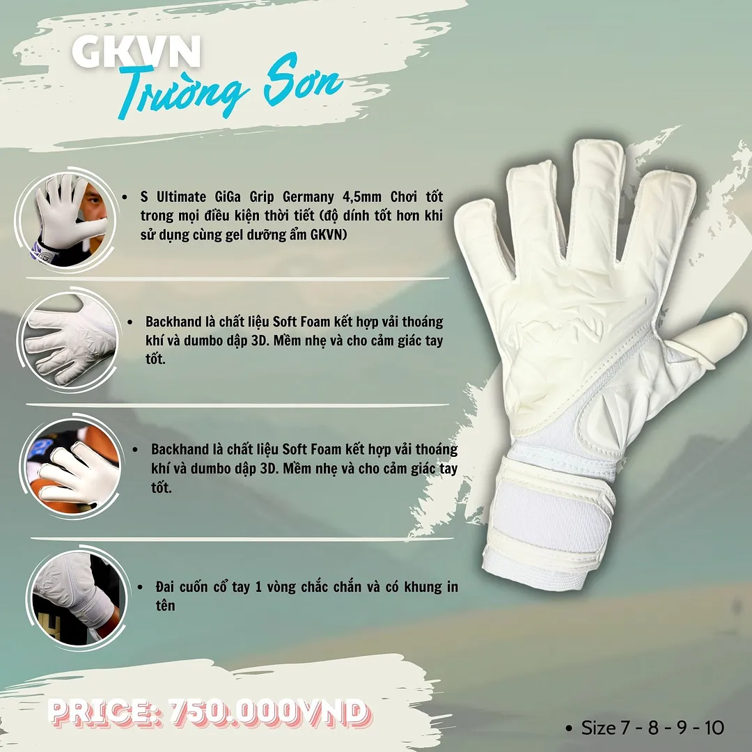Găng tay thủ môn GKVN Trường Sơn Ultimate GiGa Grip màu trắng