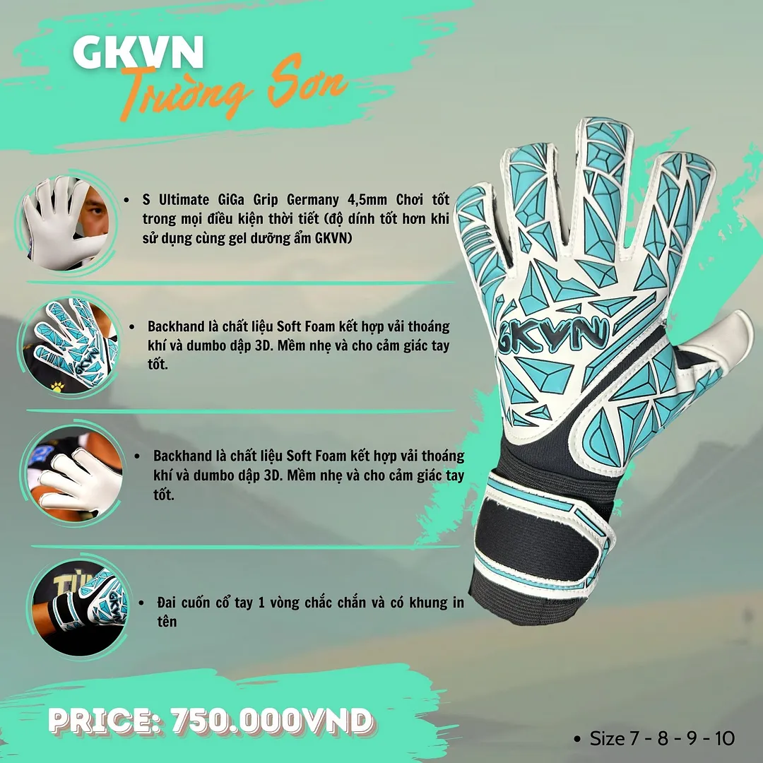 Găng tay thủ môn GKVN Trường Sơn Ultimate GiGa Grip màu xanh mint